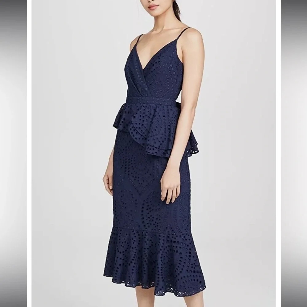 Anthropologie Yumi Kim Eyelet‎ Dynasty Ruffle Peplum Midi Navy Dress XS NWT READ